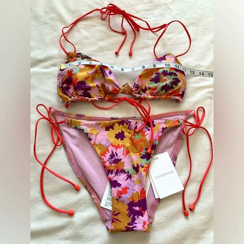 Zimmermann Floral Knotted Violet Triangle Bikini Set Size US 8-10 Boho Coquette